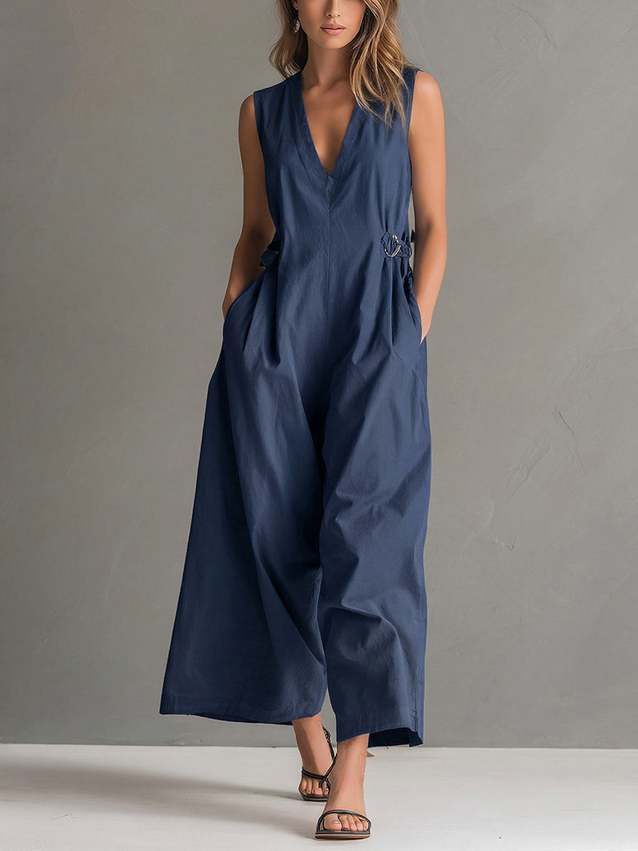 Women's Linen Wide Leg Sleeveless Jumpsuit