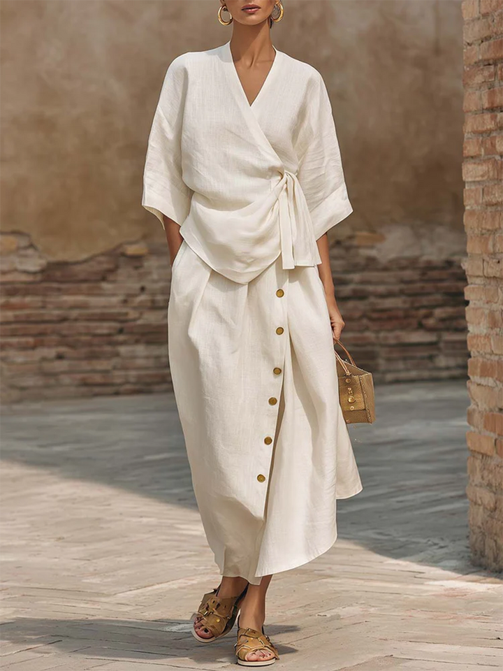 Women's Linen Wrap Top and Skirt Two Piece Set