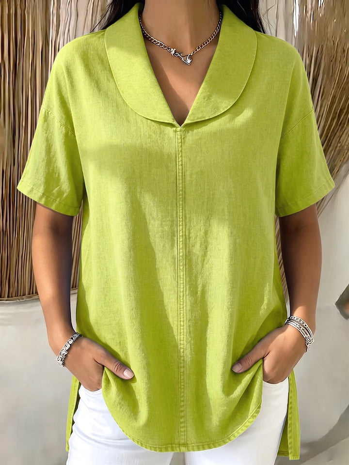 Women's Linen Blouse Short Sleeve V Neck Tunic Top