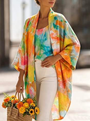 Women's Linen Kimono Cardigan & Tank Top Two-Piece Lounge Set