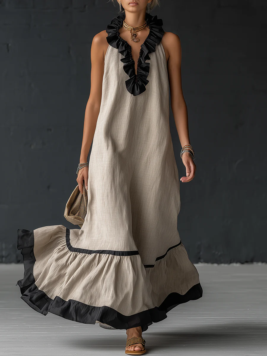 Women's Linen Ruffle Maxi Dress Sleeveless V-Neck Tiered Sundress