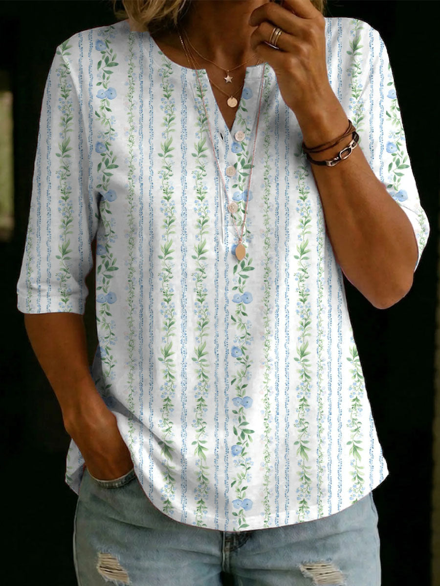 Women's Floral Linen Blouse V Neck Striped Tunic Top