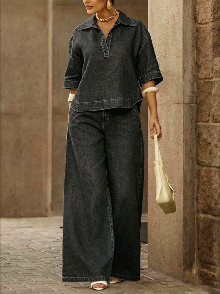 Women's Denim Wide Leg Trousers and Top Two Piece Set