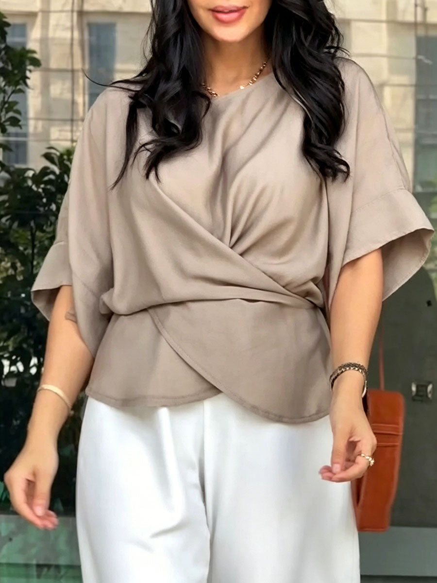 Women's Linen Blend Round-Neck Wrap Front 3/4-Sleeve Blouse