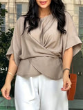 Women's Linen Blend Round-Neck Wrap Front 3/4-Sleeve Blouse