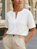 Women's Linen Blend V-Neck Short Sleeve Blouse