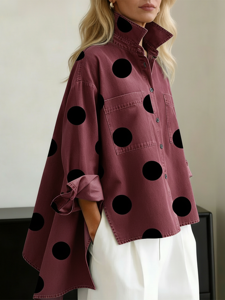 Women's Polka Dot Denim Shirt Oversized Button Up Blouse Long Sleeve Top
