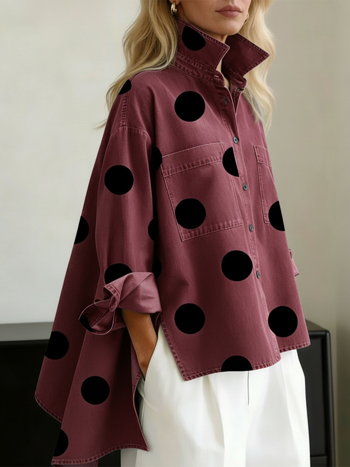 Women's Polka Dot Denim Shirt Oversized Button Up Blouse Long Sleeve Top