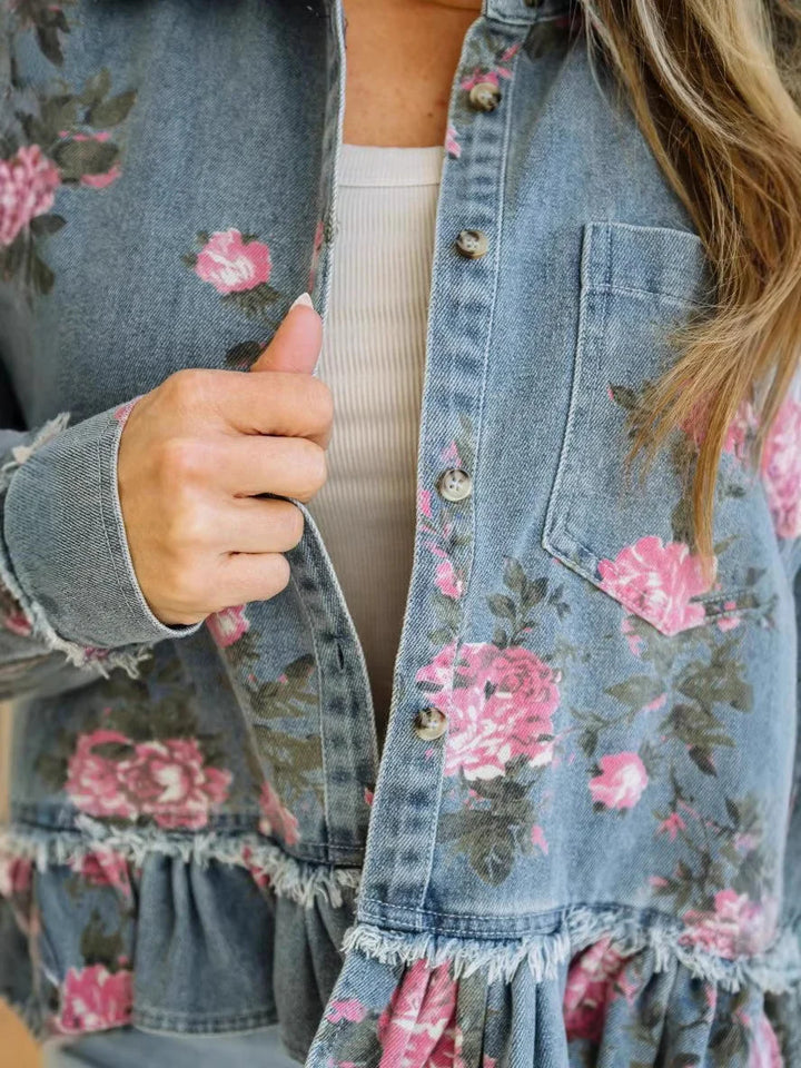 Women Denim Embroidered Ruffle Jacket