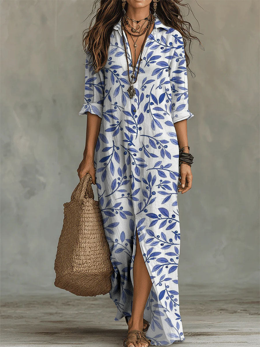 Women's Linen Leaf Print Long Sleeve Maxi Shirt Dress