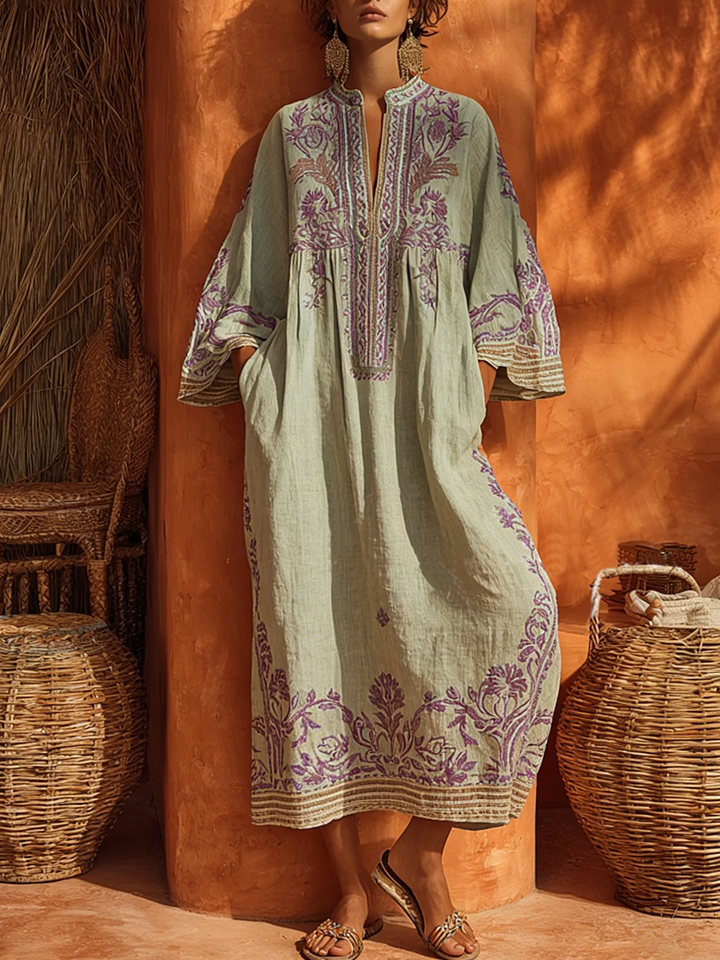 Women's Linen Embroidered Kaftan Dress Maxi Tunic