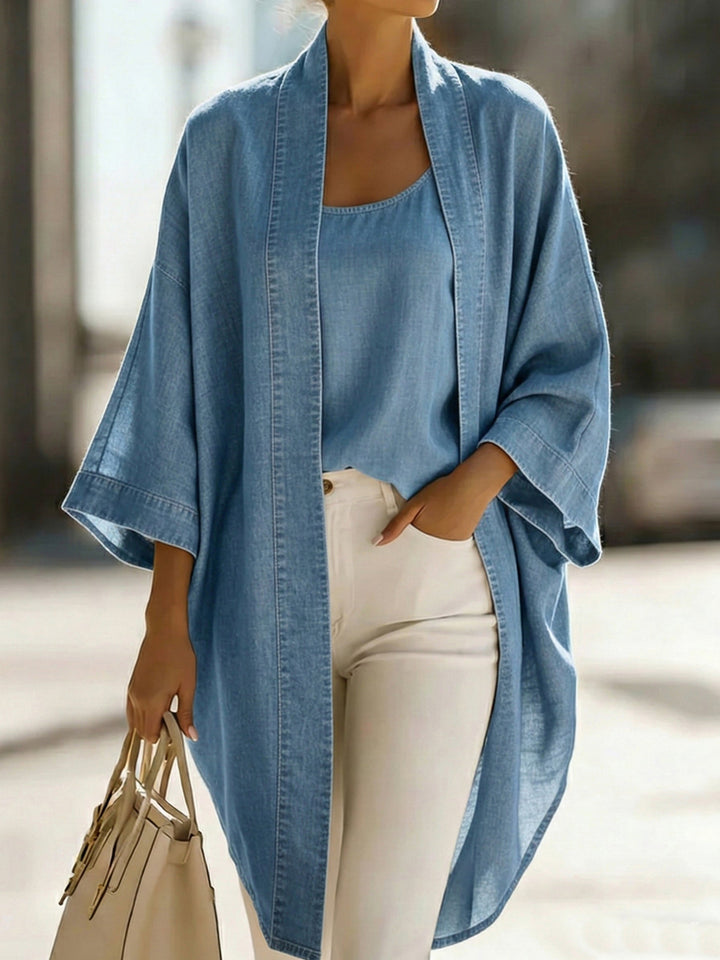 Women’s Linen Mix Open Front Kimono Cardigan and Camisole Top Set