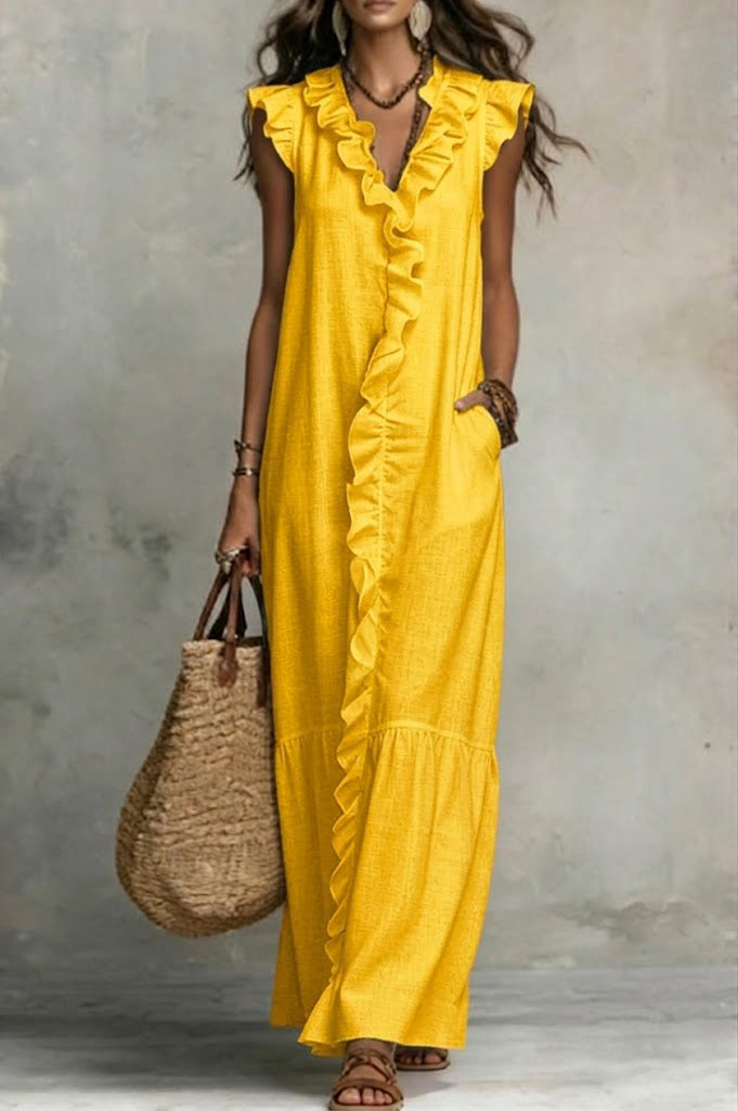 Women's Linen Ruffle V-Neck Maxi Dress