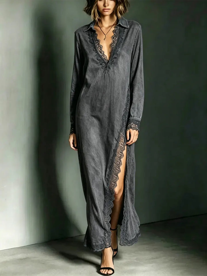 Women's Denim Long Sleeve Linen Blend Maxi Shirt Dress