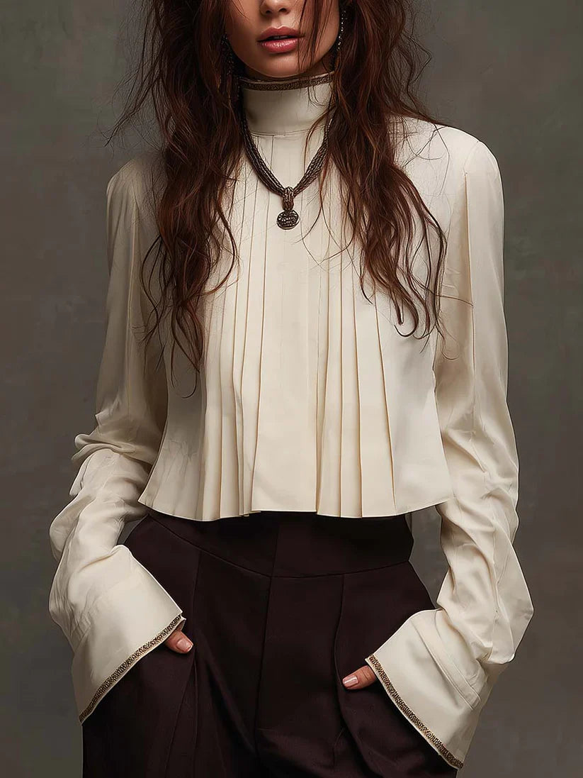 Women's Long Sleeve Pleated High Collar Linen Blouse