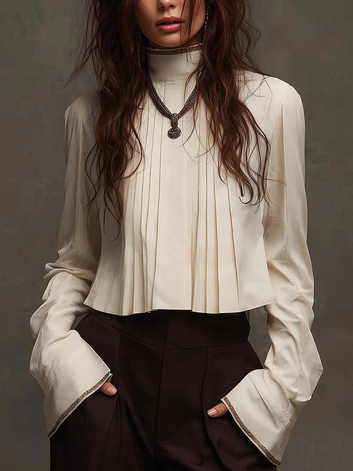 Women's Long Sleeve Pleated High Collar Linen Blouse