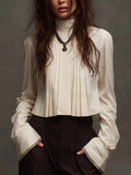 Women's Long Sleeve Pleated High Collar Linen Blouse