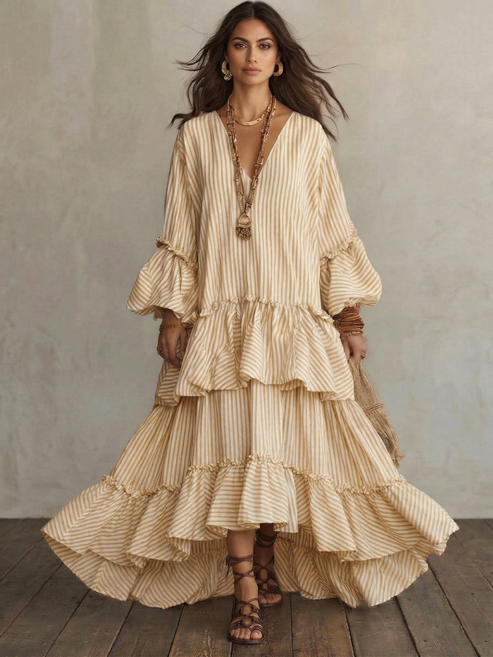 Women’s Boho V Neck Tiered Maxi Dress Linen Blend Bell Sleeve Loose Fit