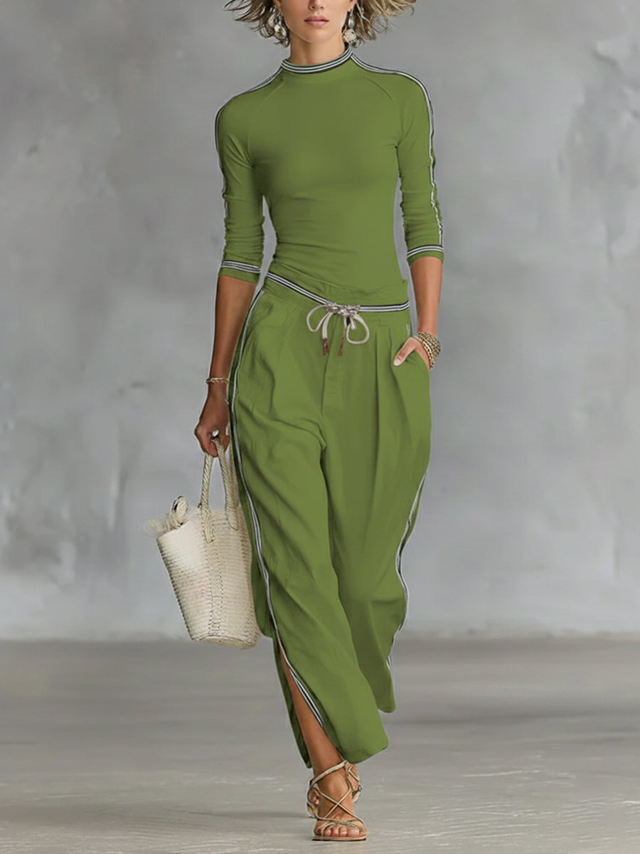 Women's Two-Piece Crewneck Top and Wide-Leg Pants Set