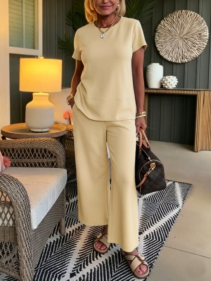Women's Knit Short Sleeve Crewneck Top & Wide Leg Pants Two-Piece Set
