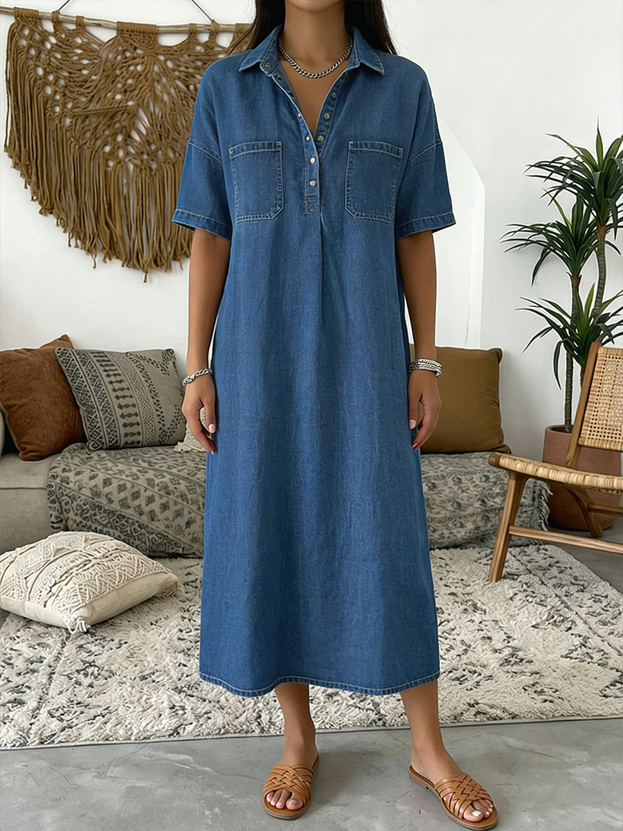 Women’s Denim Midi Shirt Dress Linen Mix Short Sleeve Casual Tunic