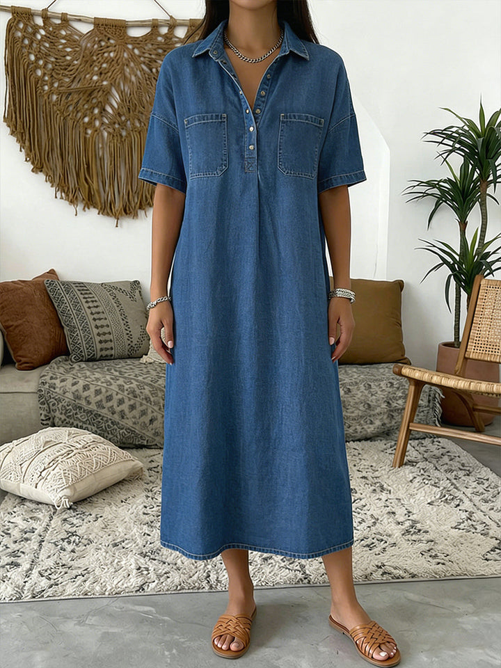 Women’s Denim Midi Shirt Dress Linen Mix Short Sleeve Casual Tunic