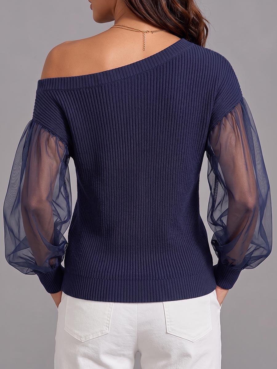 Pull tricoté pour femme à épaules dénudées avec manches longues bouffantes en mesh