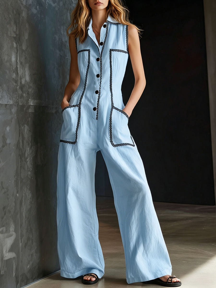 Women's Linen Wide Leg Sleeveless Jumpsuit One Piece Overalls
