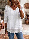 Women's Linen Blouse V-Neck 3/4 Sleeve Loose Fit Casual Tunic Top