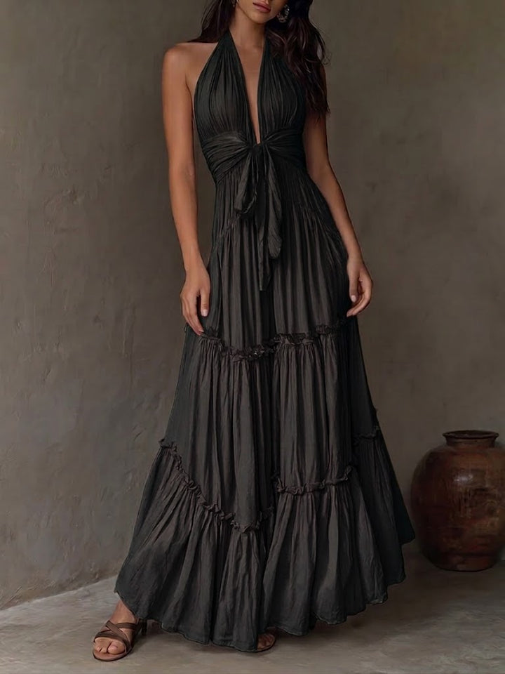 Women's Linen Halter Neck Backless Tiered Maxi Dress