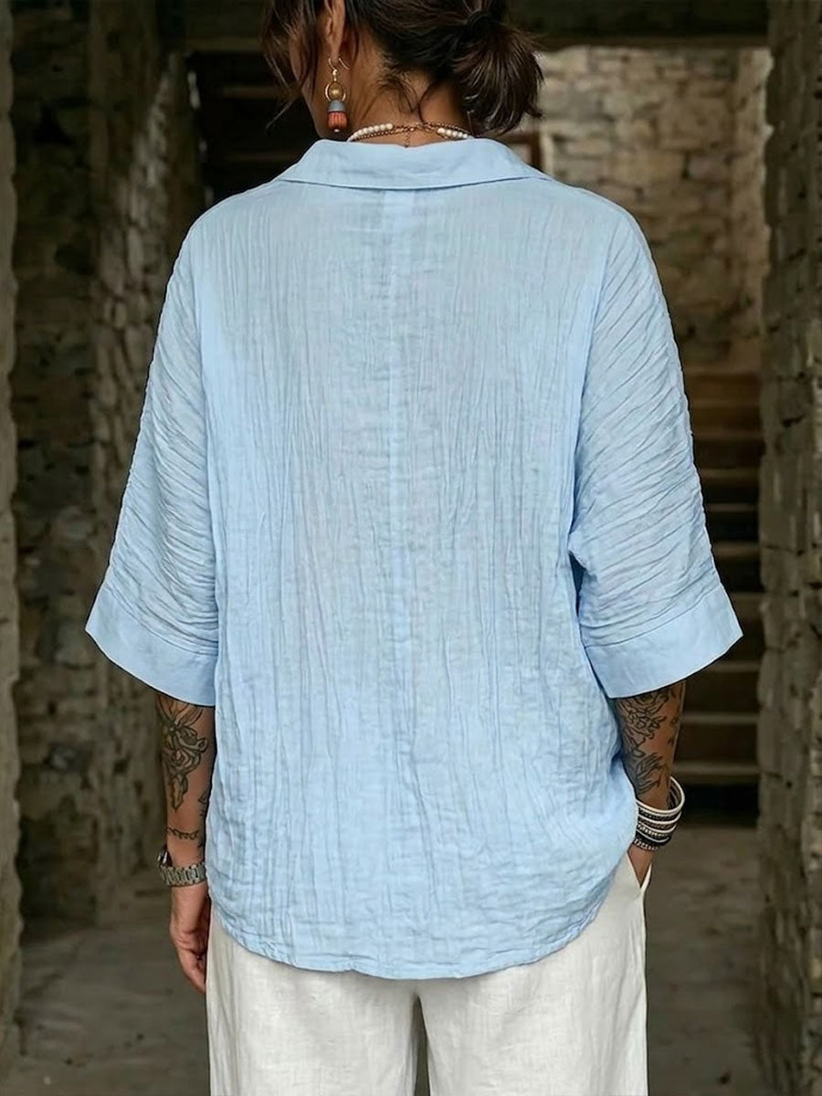 Women's Linen Blouse Button Down Shirt Casual Tops 3/4 Sleeve