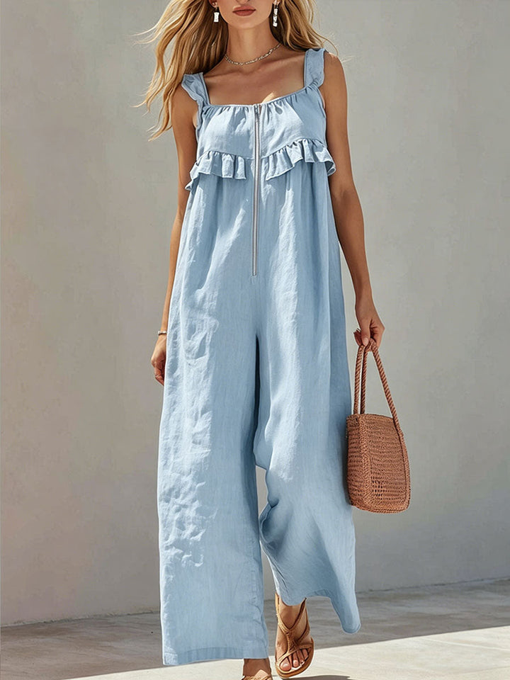 Women's Linen-Blend Square Neck Wide Leg Jumpsuit