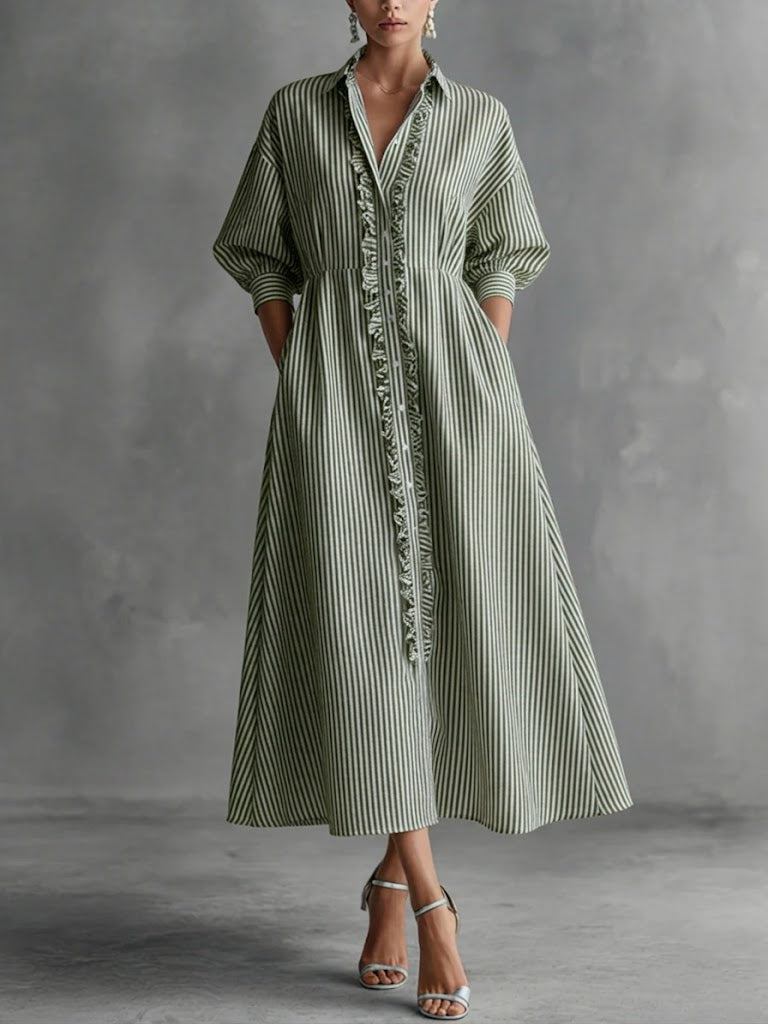 Women's Button Front Linen Midi A-Line Shirt Dress