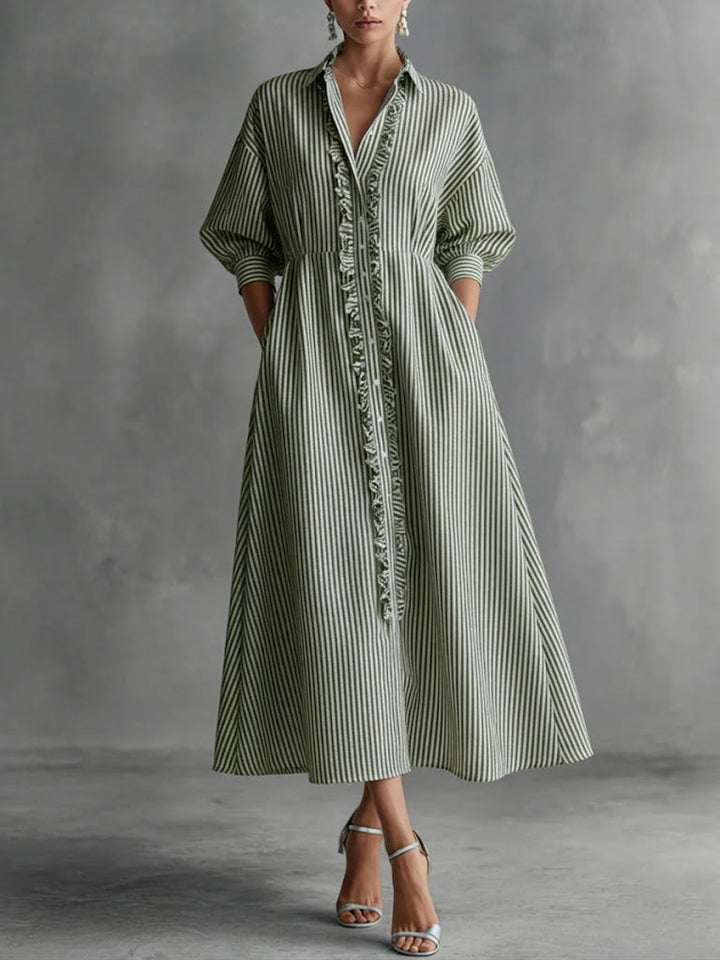 Women's Button Front Linen Midi A-Line Shirt Dress