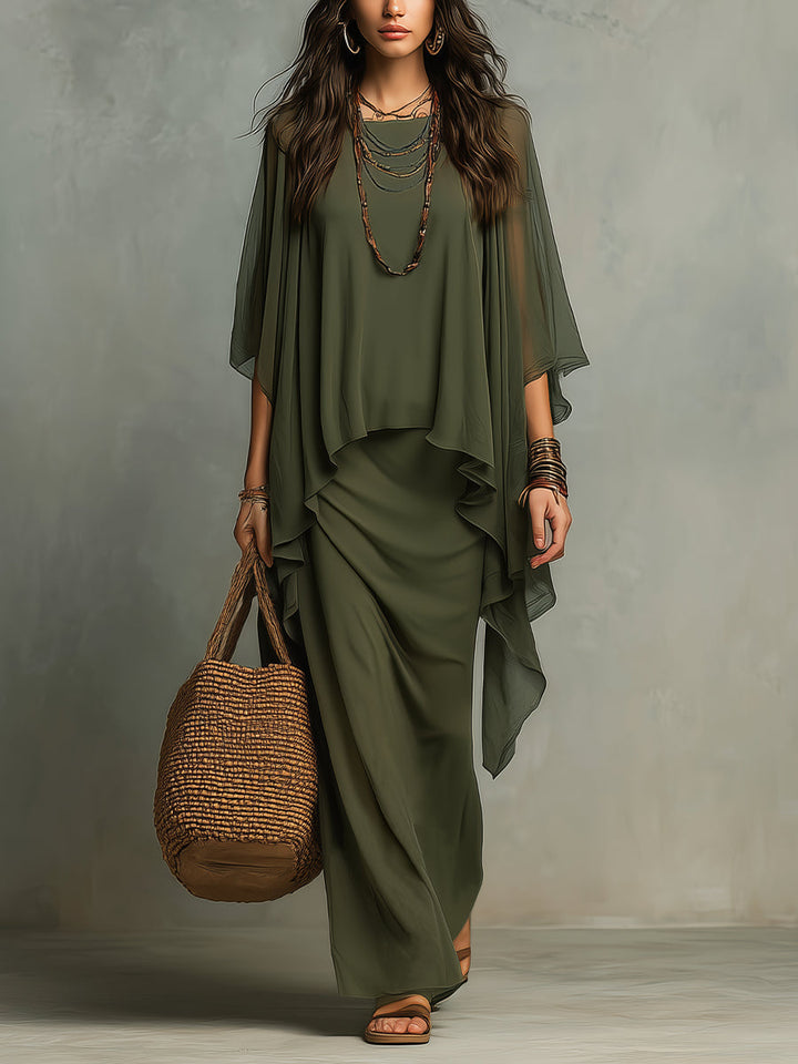 Women's Sleeveless Linen Dress and Chiffon Top Two-Piece Set
