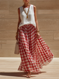 Women's Linen Gingham Sleeveless Top and High Waist Maxi Skirt Set