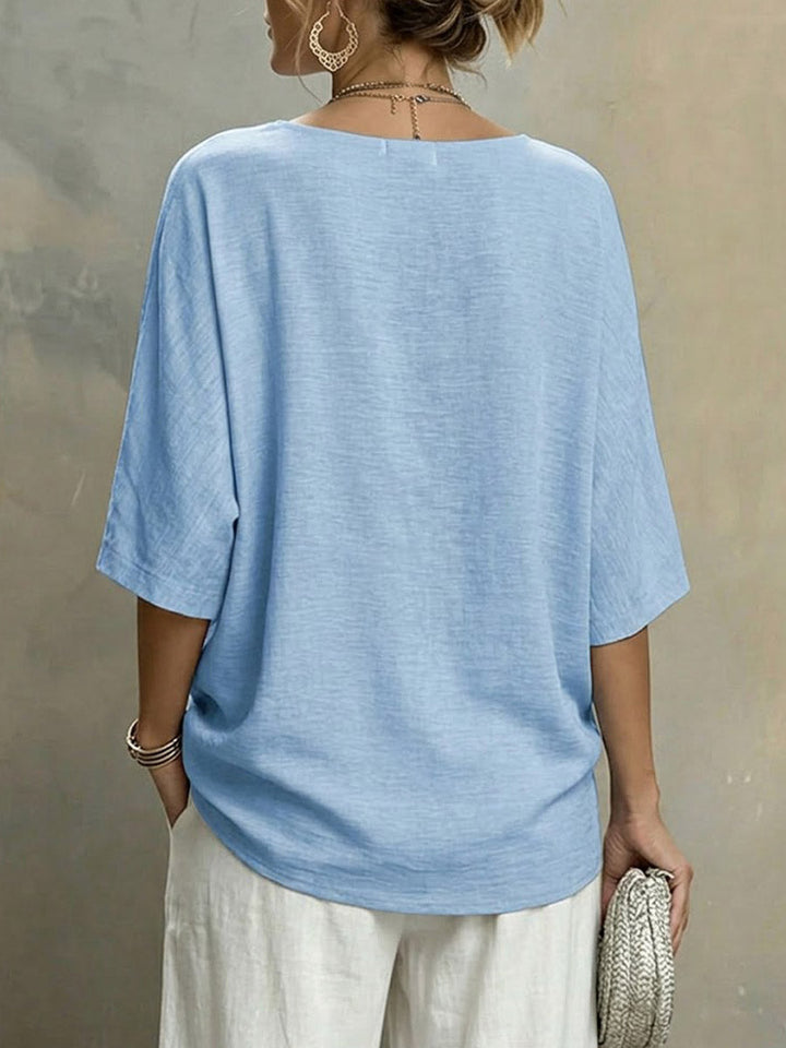 Women's Linen Blend V-Neck Tie Front 3/4 Sleeve Blouse