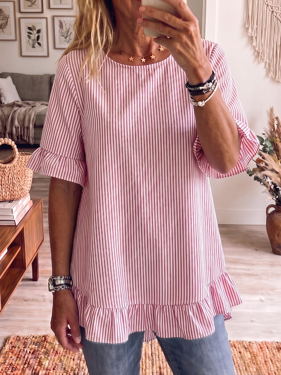 Women's Striped Linen Blend Short-Sleeve Ruffle Blouse