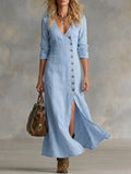 Women's Linen Blend V-Neck Split Hem Maxi Dress