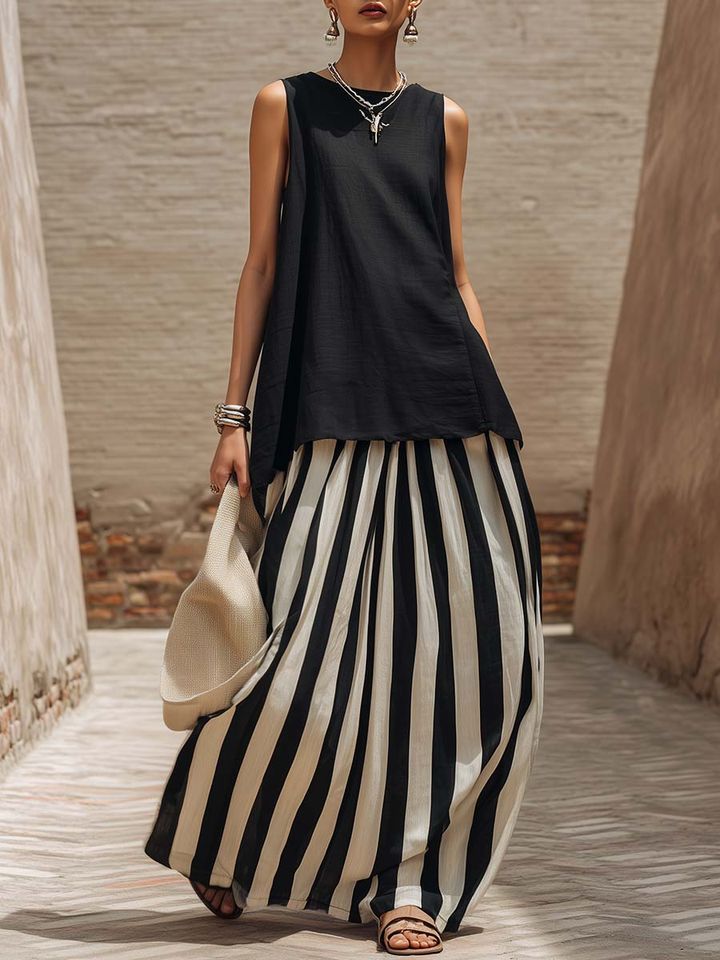 Women's Sleeveless Linen Tunic Top and Striped Maxi Skirt Set