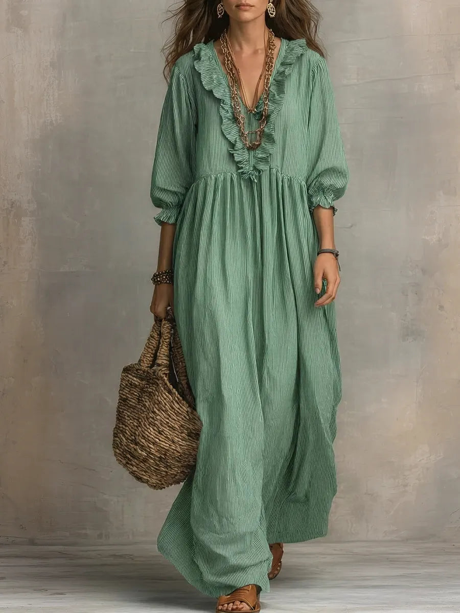 Linen Maxi Dress Women V Neck Boho Long Sleeve Kaftan Gown