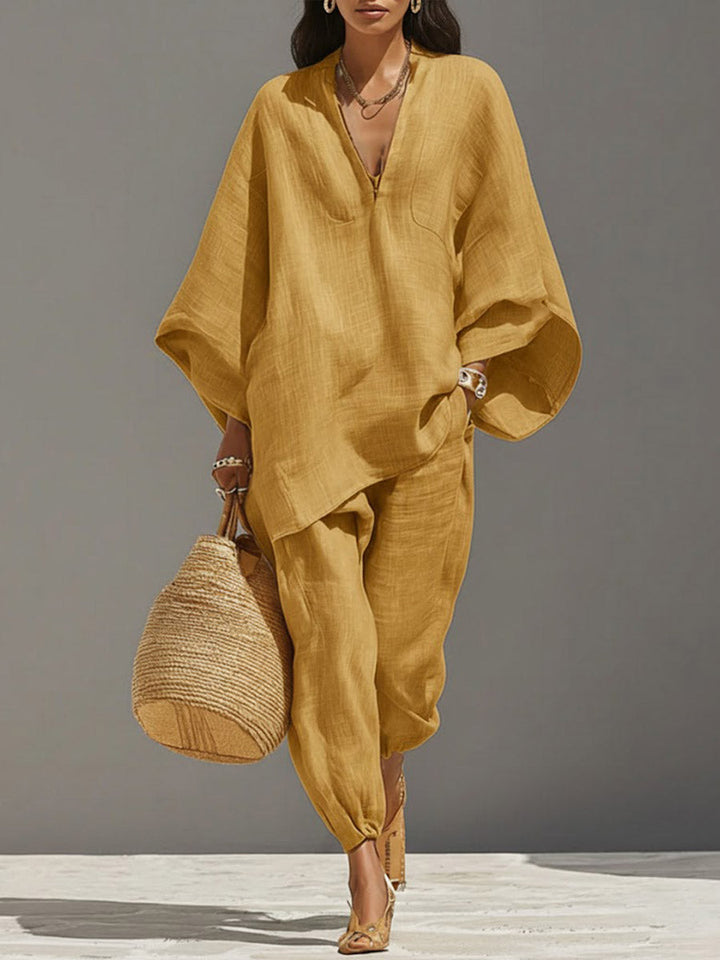Women Linen V Neck Poncho Top and Joggers Two Piece Set