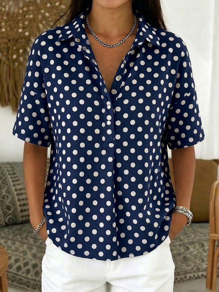 Women's Linen Polka Dot Short Sleeve Collared Shirt Blouse Top