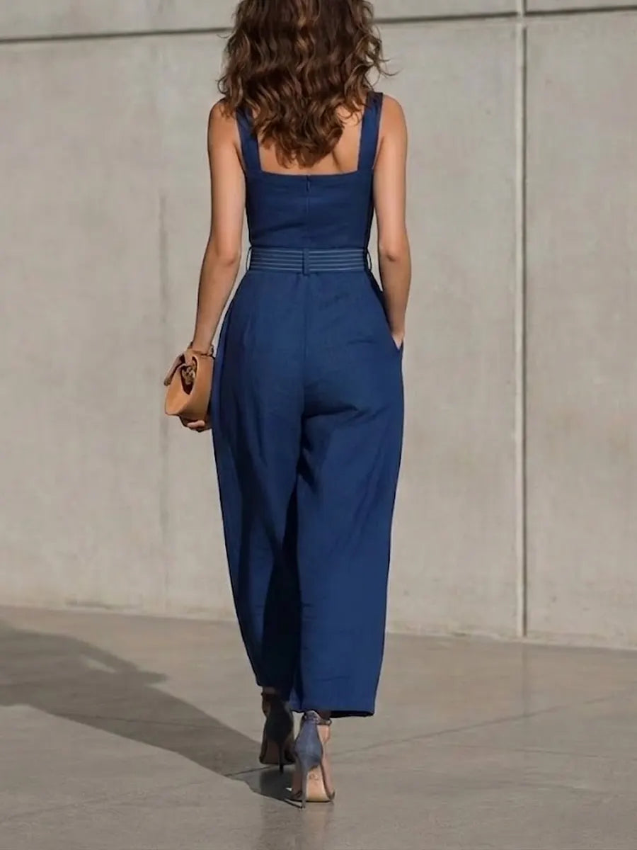 Women's Sleeveless Wide Leg Linen Romper Jumpsuit with Tie Waist