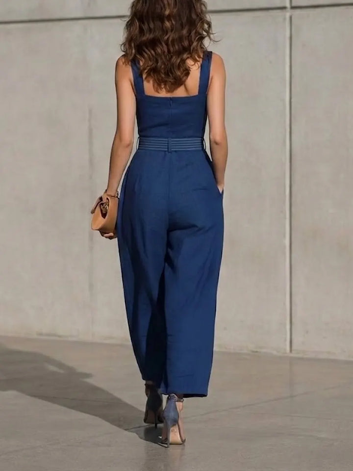 Women's Sleeveless Wide Leg Linen Romper Jumpsuit with Tie Waist