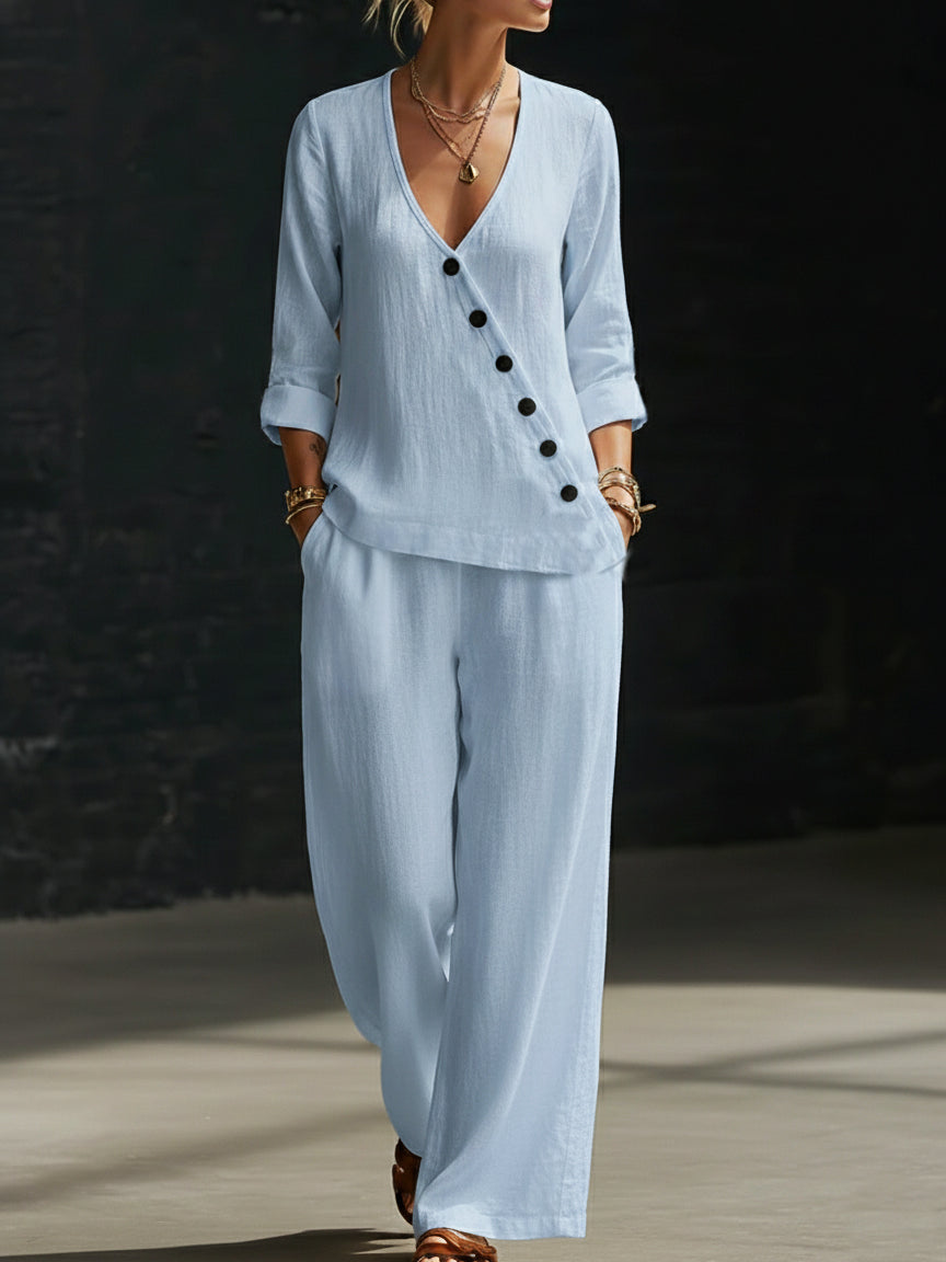 Women's Linen Two Piece Set V-Neck Trousers Co-ord Wide Leg Pantsuit