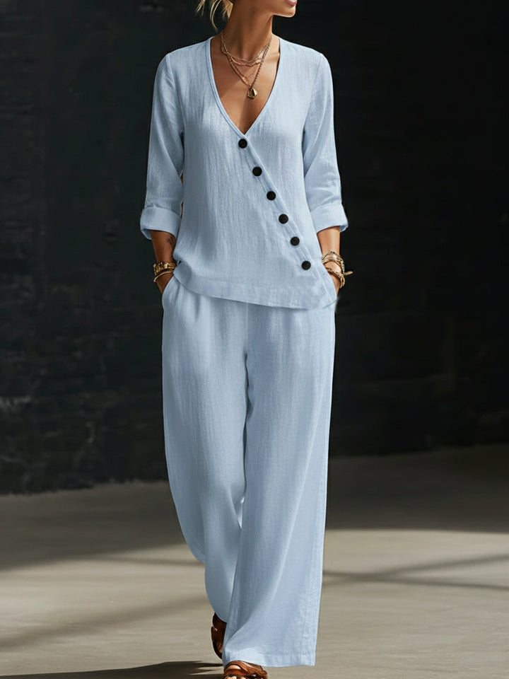 Women's Linen Two Piece Set V-Neck Trousers Co-ord Wide Leg Pantsuit