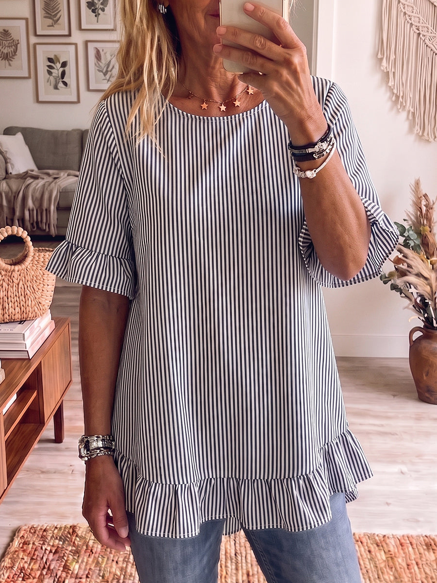 Women's Striped Linen Blend Short-Sleeve Ruffle Blouse