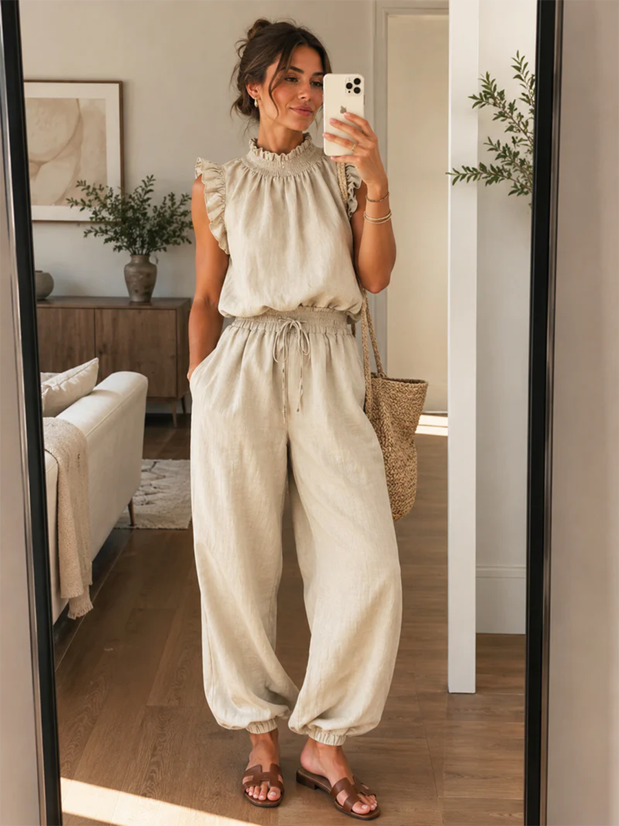 Women's Linen Mock Neck Top and Trousers Two-Piece Matching Set