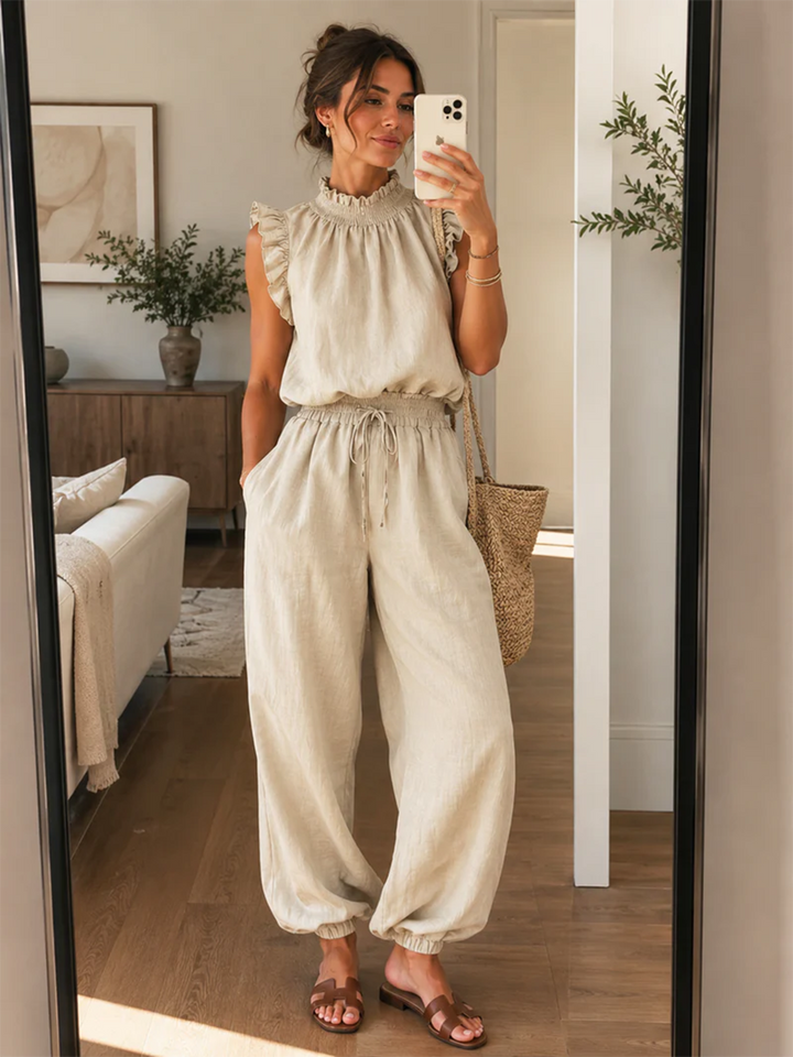 Women's Linen Mock Neck Top and Trousers Two-Piece Matching Set